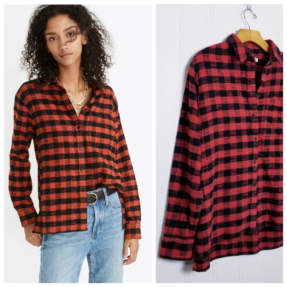 Madewell Flannel Shirt S Ex-Boyfriend Buffalo Check Oversized Plaid Red Black
